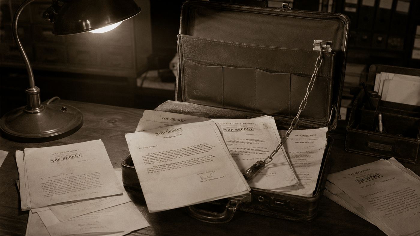 Forged secret letters and a chained briefcase on a desk, props of Operation Mincemeat