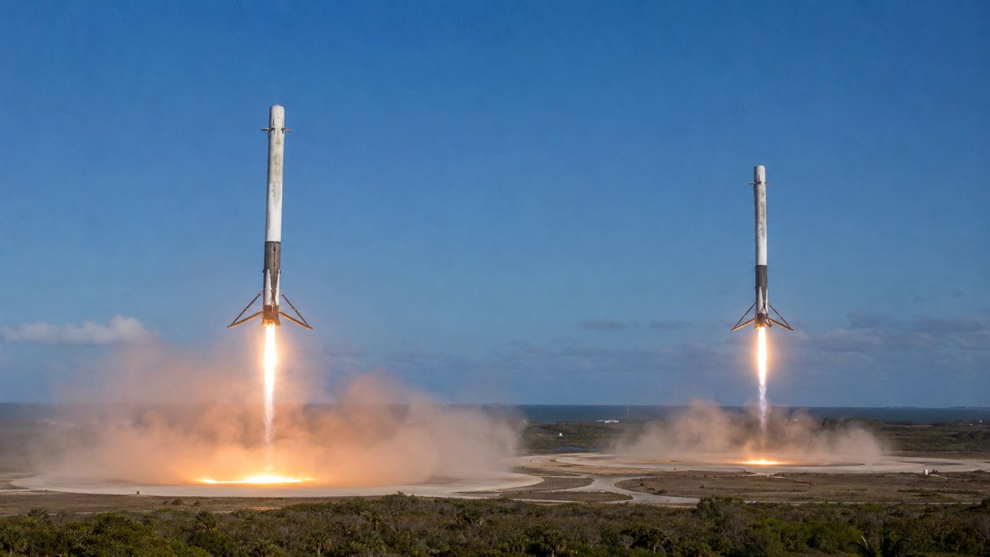 Two Falcon Heavy side boosters landing upright and simultaneously at Cape Canaveral after launching the Tesla Roadster