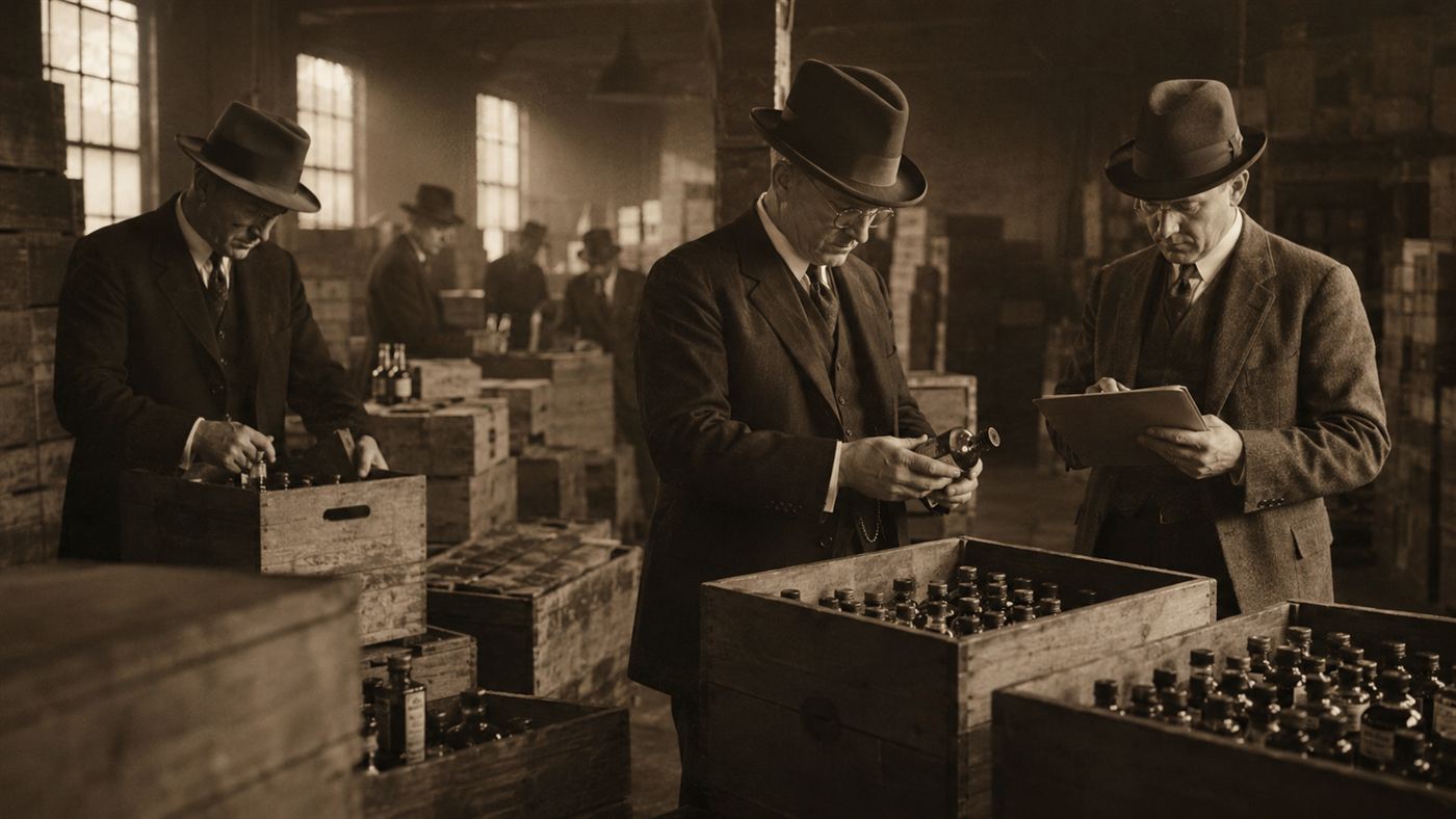Government inspectors in 1930s suits examining boxes of medicine bottles in a warehouse during a recall