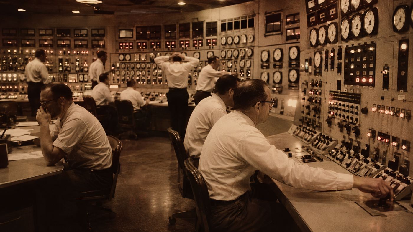 Engineers in a 1960s nuclear reactor control room watching panels of dials and warning lights during an emergency