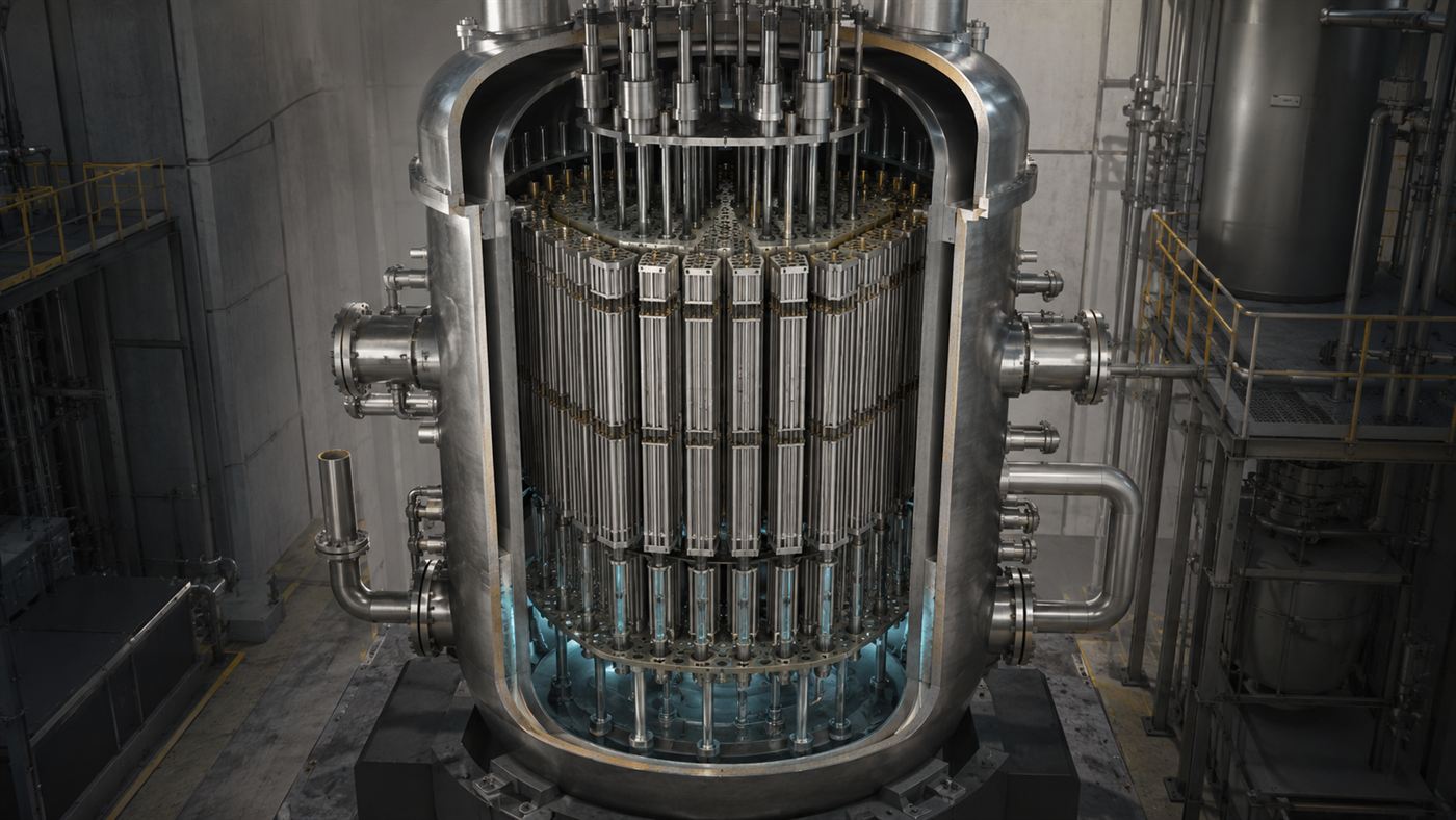 A cutaway-style illustration of a tall metal nuclear reactor vessel packed with vertical fuel assemblies and coolant channels