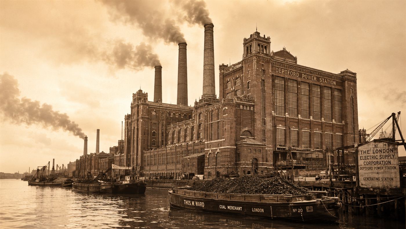 A vast Victorian brick power station beside the Thames at Deptford with tall chimneys