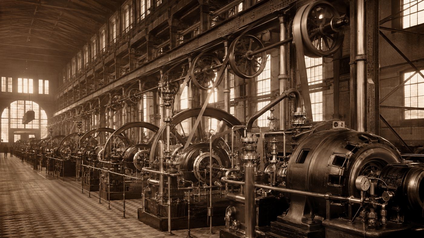 Huge Victorian dynamos and steam engines inside a cavernous brick generating hall in the 1890s