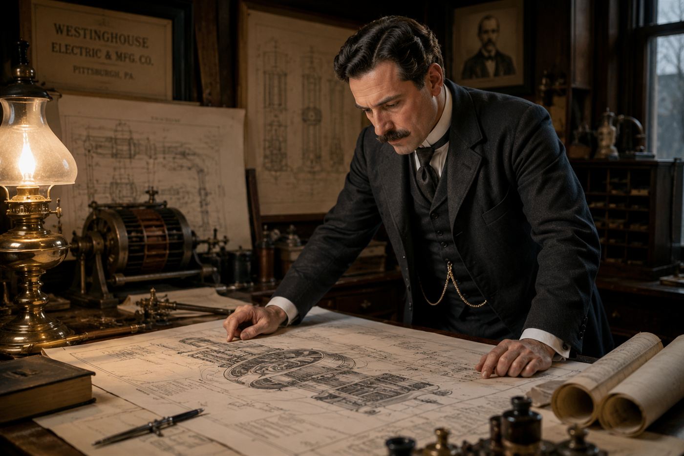 A Victorian engineer in a suit studying large technical drawings of electrical machinery on a desk