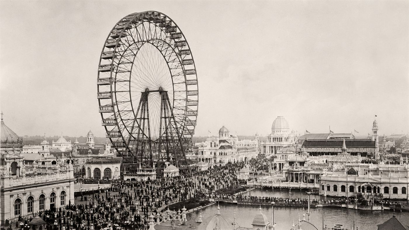 The original 1893 Ferris Wheel towering over the Chicago World's Fair midway