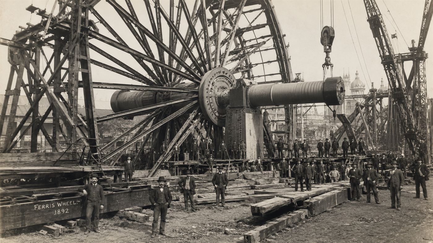 A massive forged steel axle and the spoke structure of a giant wheel being assembled by workers in the 1890s