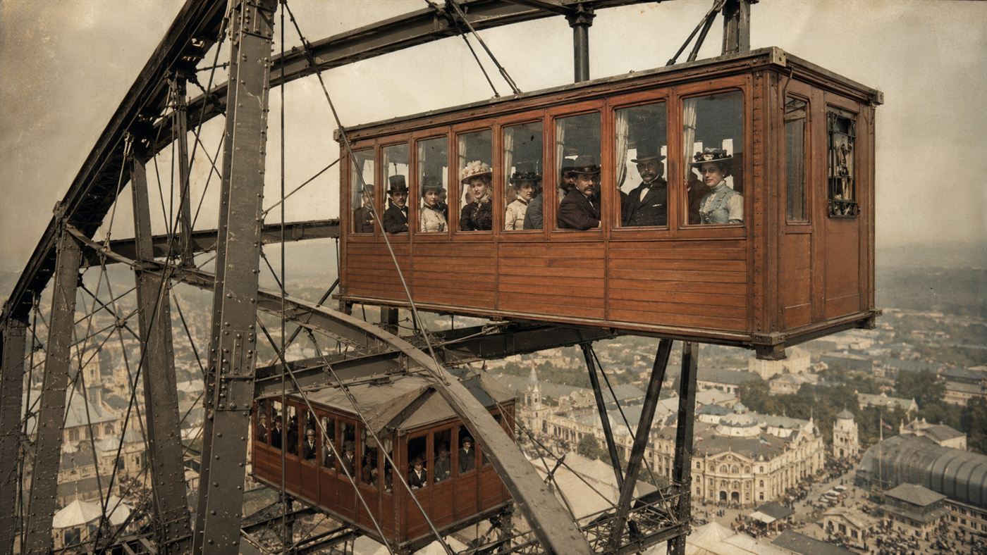 The large enclosed wooden passenger cars of the 1893 Ferris Wheel high above the fairground, packed with Victorian visitors
