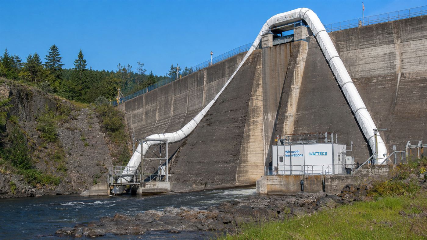A long flexible salmon cannon tube system running up and over a concrete dam beside a river
