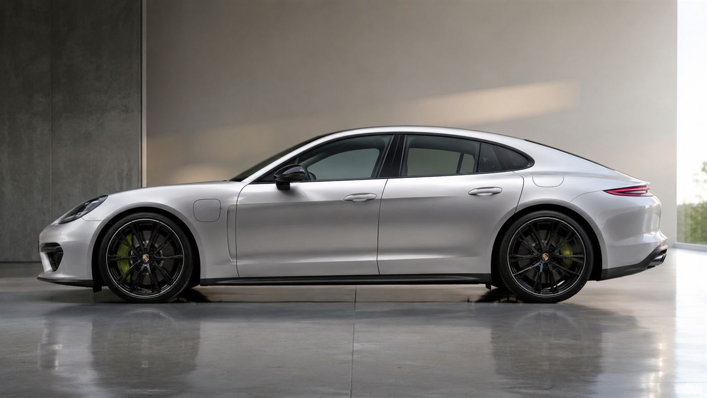 A long low sleek silver Fisker Karma luxury plug-in hybrid sedan parked in a minimalist design studio