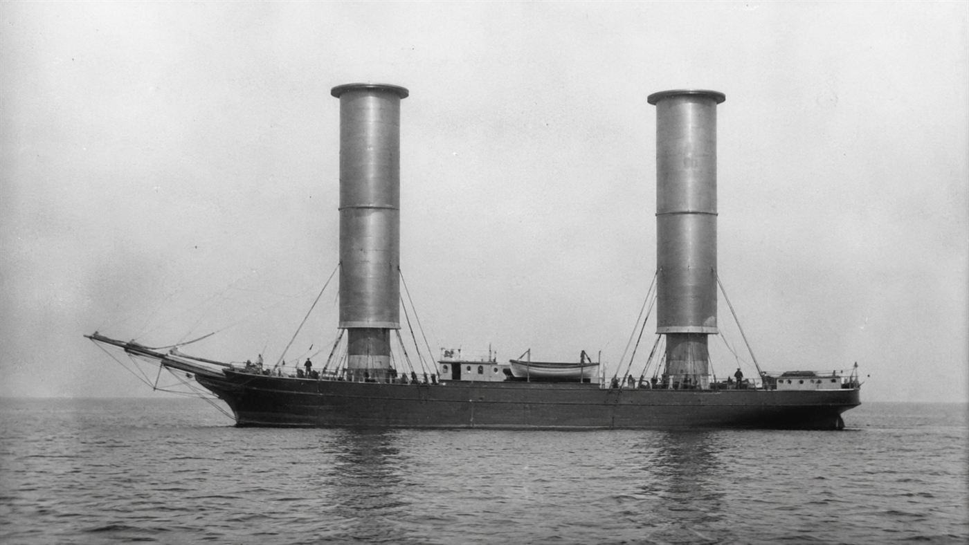 The 1920s Flettner rotor ship Buckau with two tall spinning cylinders instead of masts