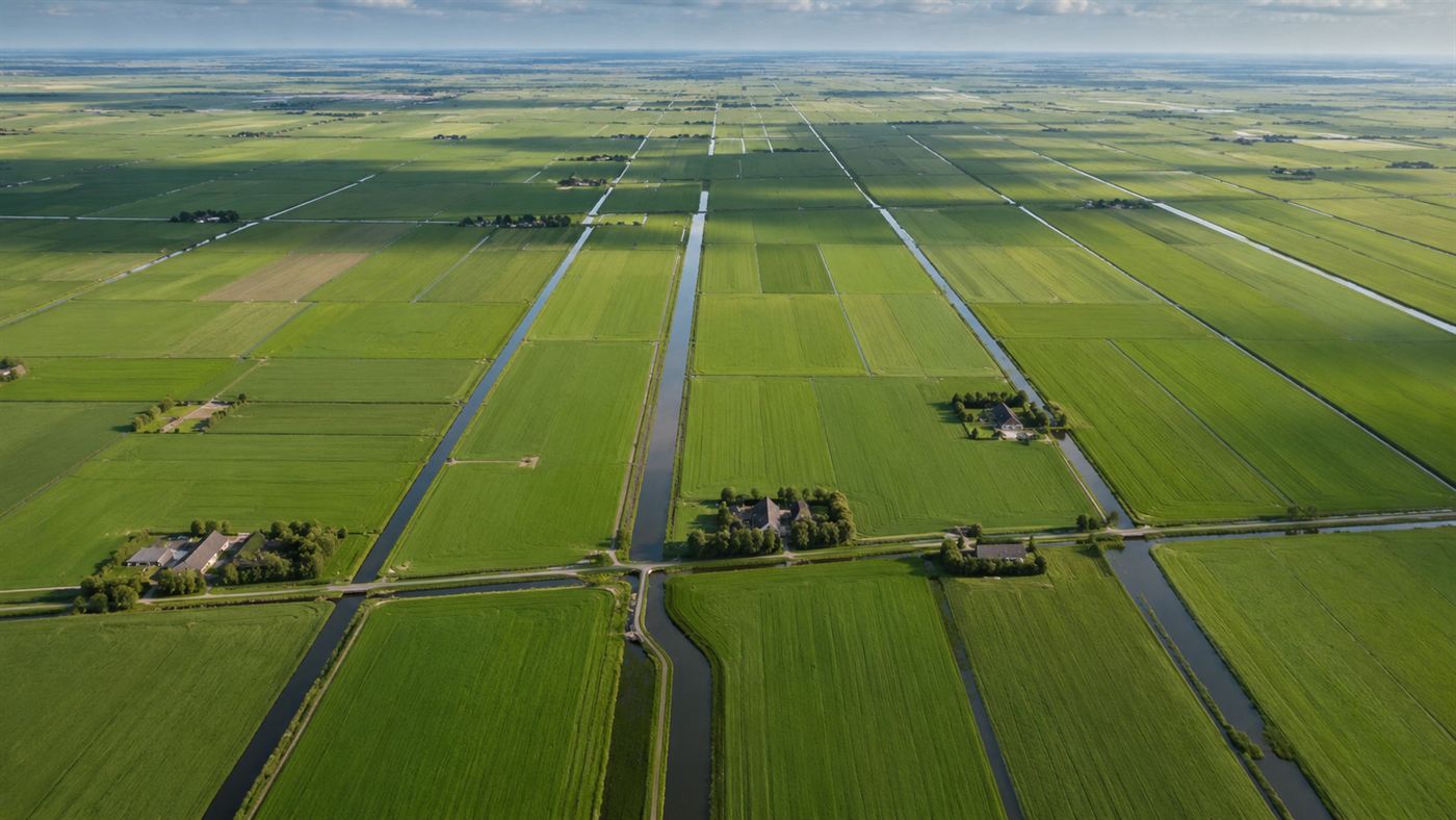 Aerial view of flat reclaimed Dutch polder farmland with straight drainage canals and fields below sea level