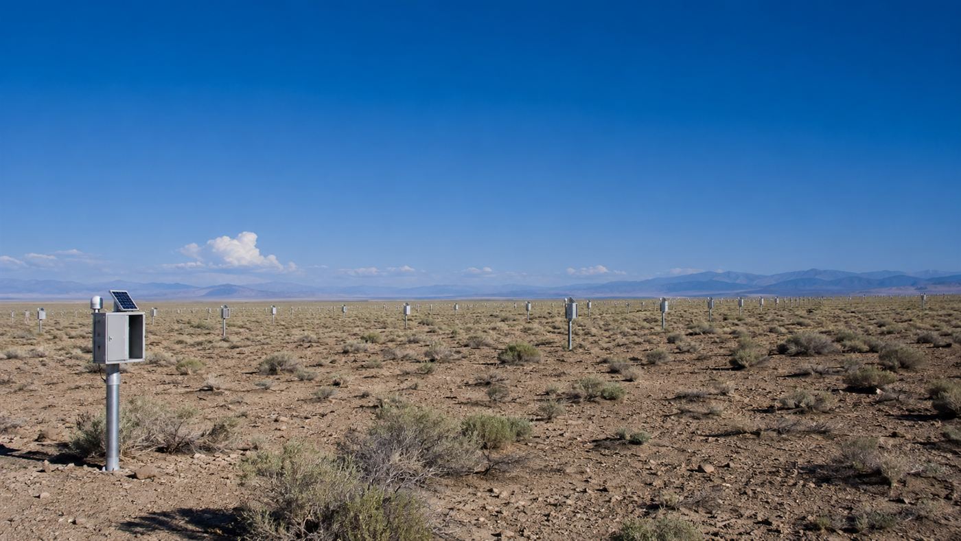 Cosmic ray detector stations spread across the flat Utah desert under a wide sky