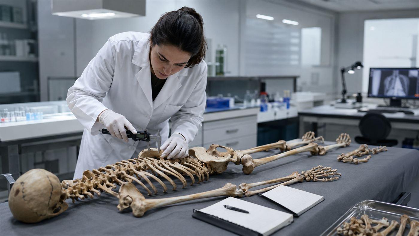 A forensic anthropologist in a lab coat examining a clean human skeleton laid out on a table with measuring tools
