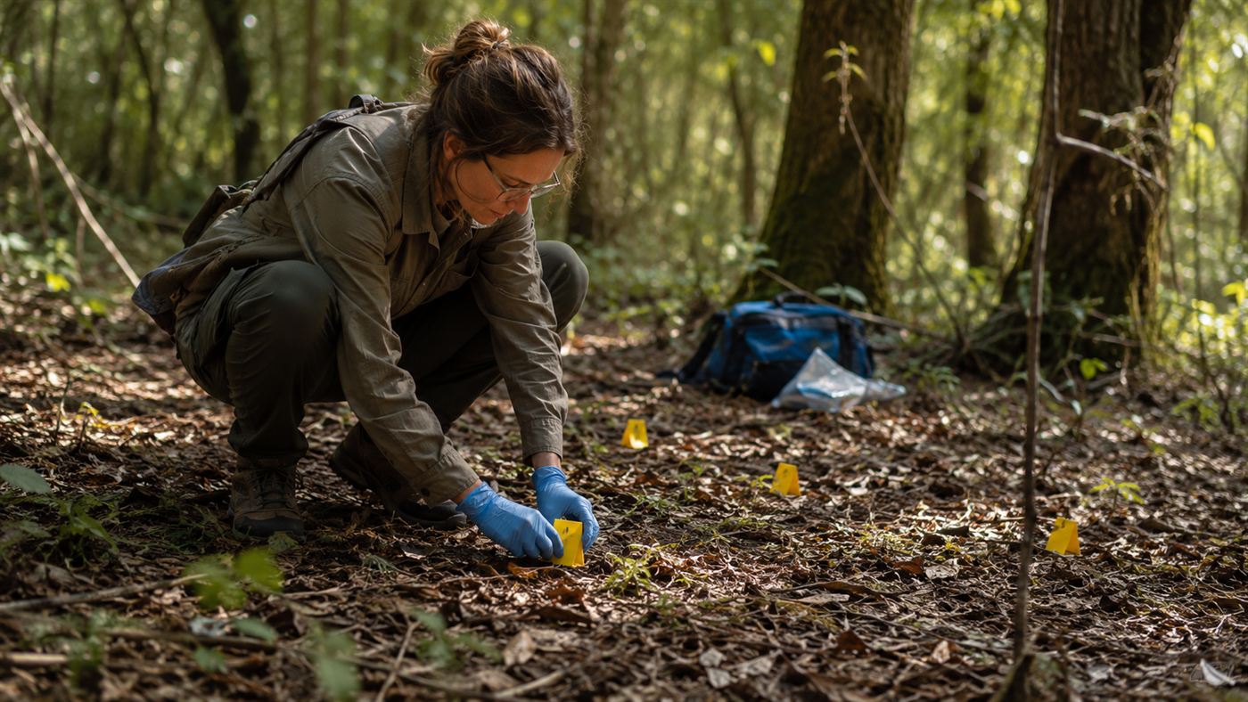 A researcher in protective gear placing numbered yellow evidence markers among leaves on a forest floor