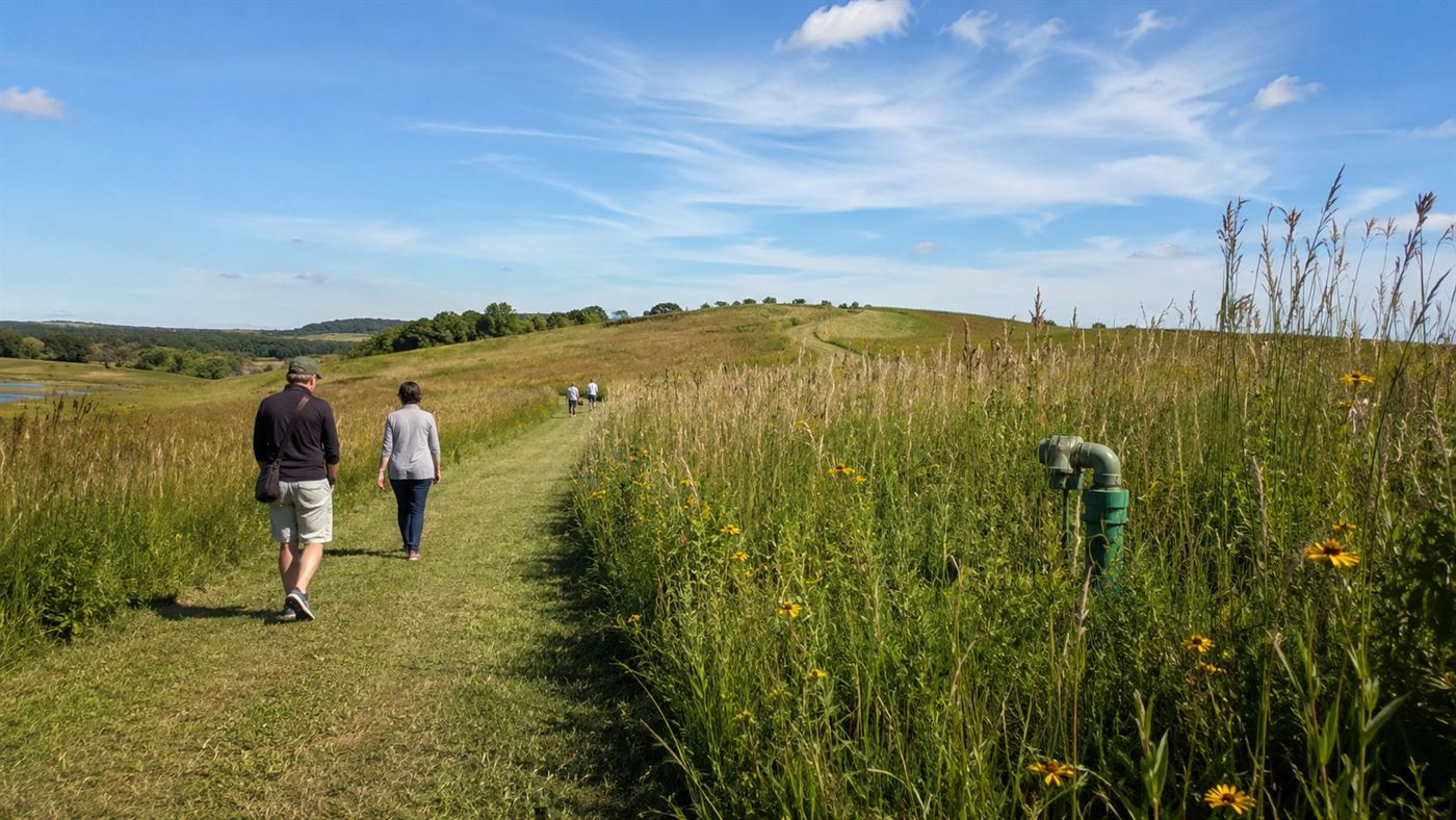 Visitors on a meadow trail at Freshkills Park with a landfill gas wellhead nearby