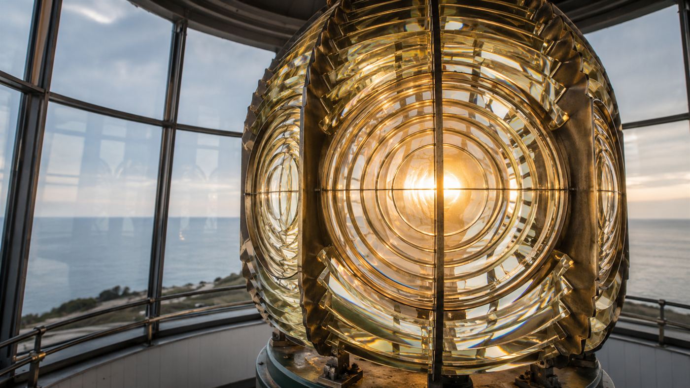 A large antique Fresnel lens of concentric glass prism rings glowing inside a lighthouse lantern room