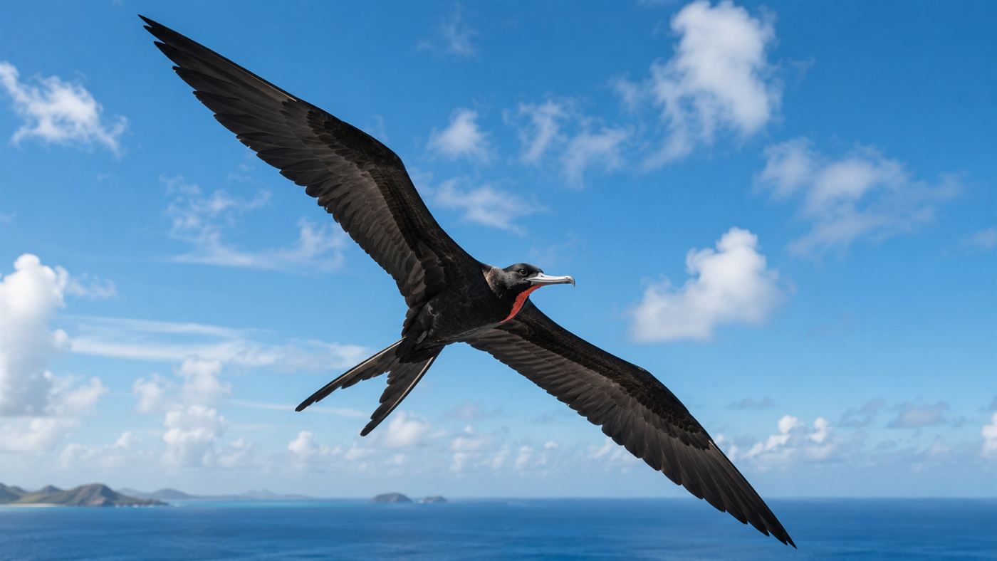 A frigatebird soaring with huge angular black wings and a forked tail against a bright tropical sky