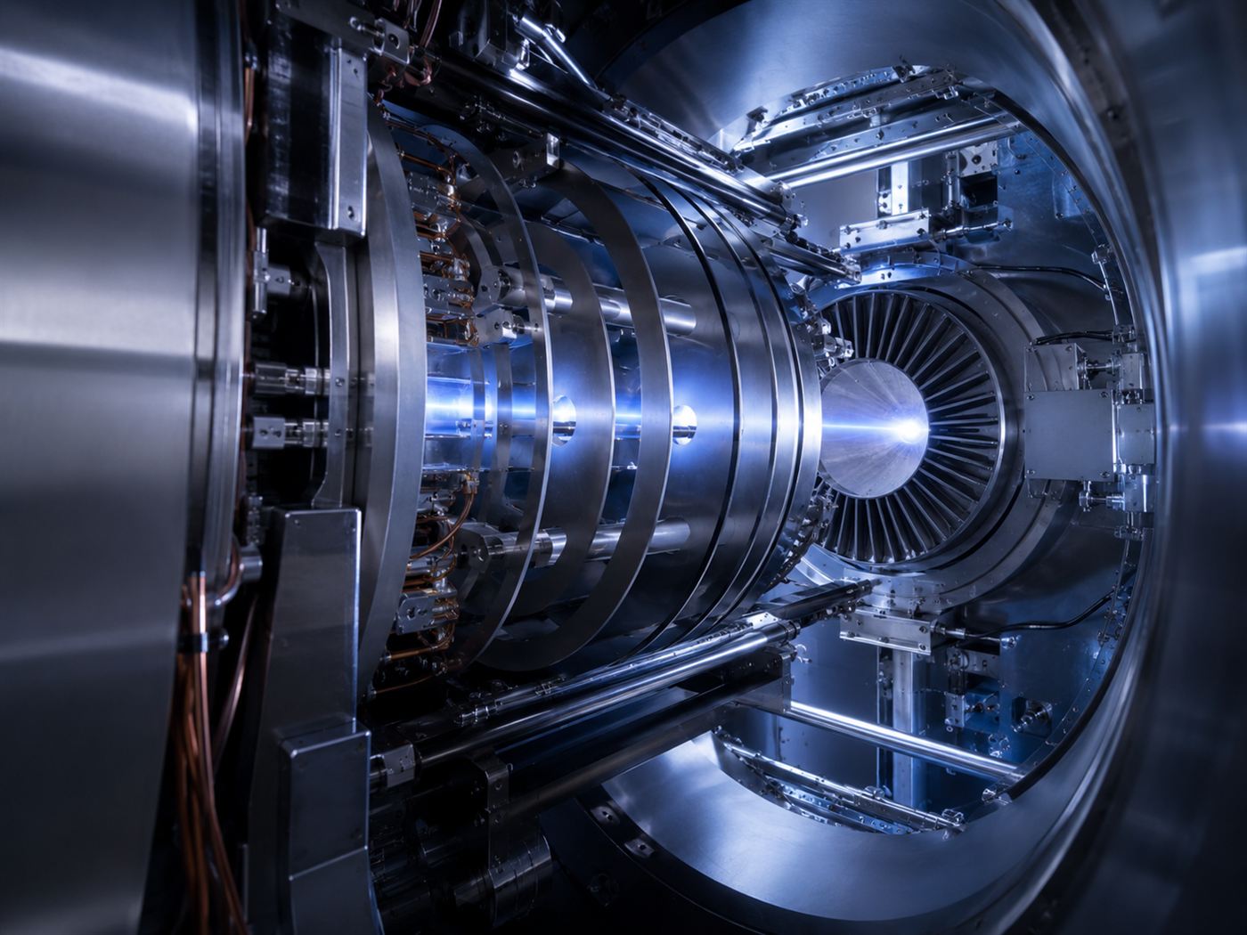 A close view of the metal collector plates of a direct energy converter used to turn escaping plasma particles into electricity