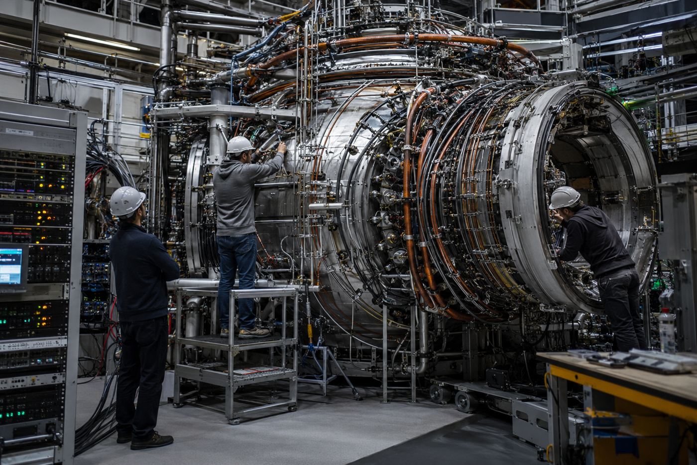 Engineers working around a large experimental fusion research machine in a laboratory in Wisconsin