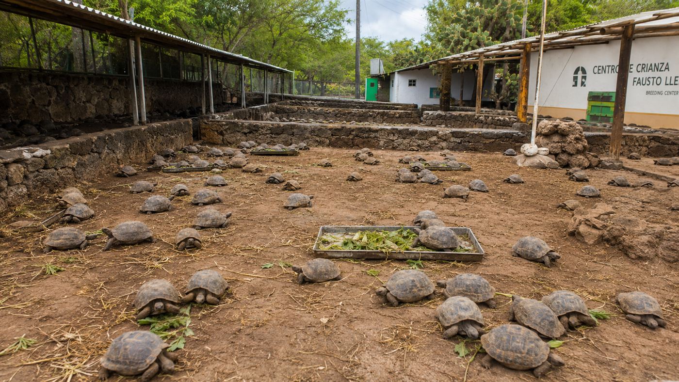 Dozens of small young Galapagos giant tortoises and juveniles at a tortoise breeding and rearing centre on dusty ground with low stone pens