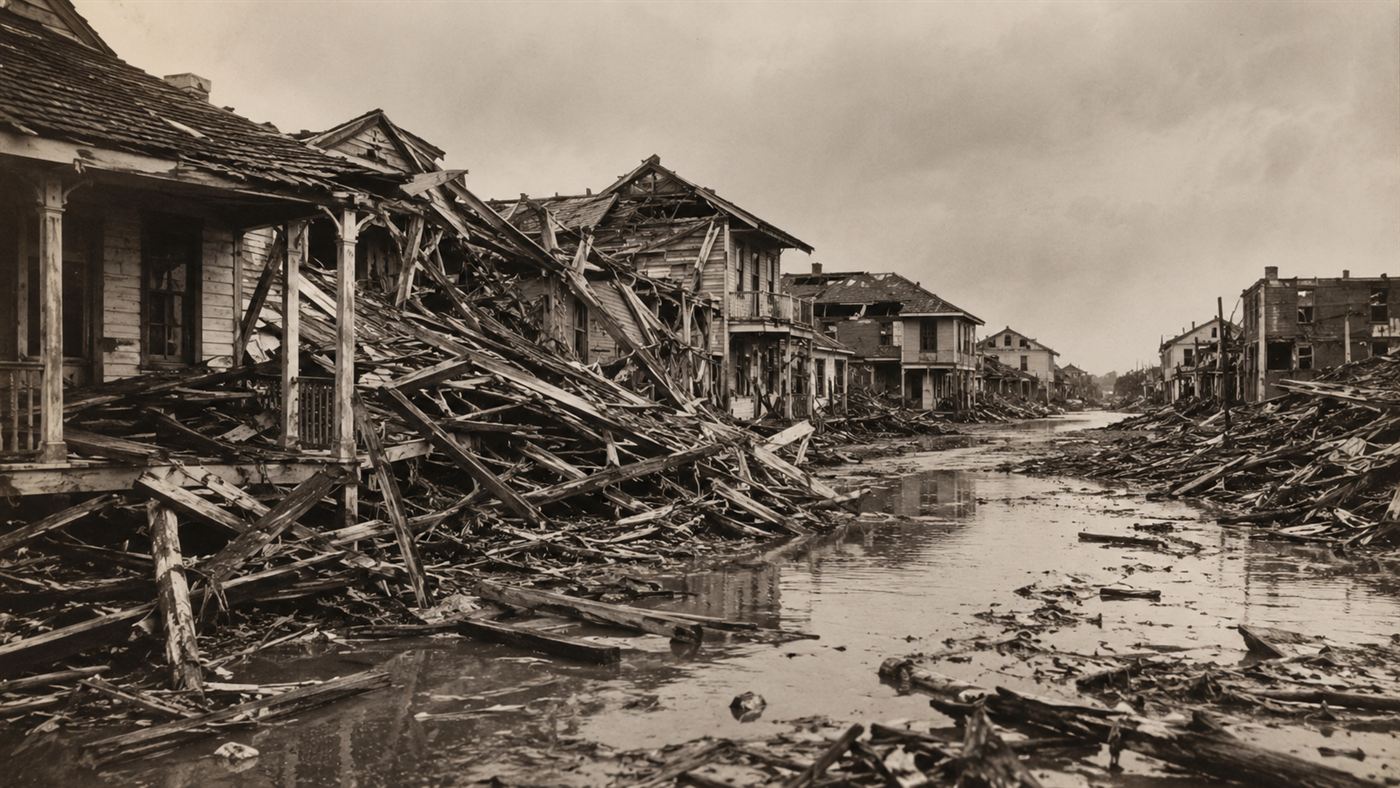 A devastated coastal town of splintered wooden houses after the 1900 Galveston hurricane