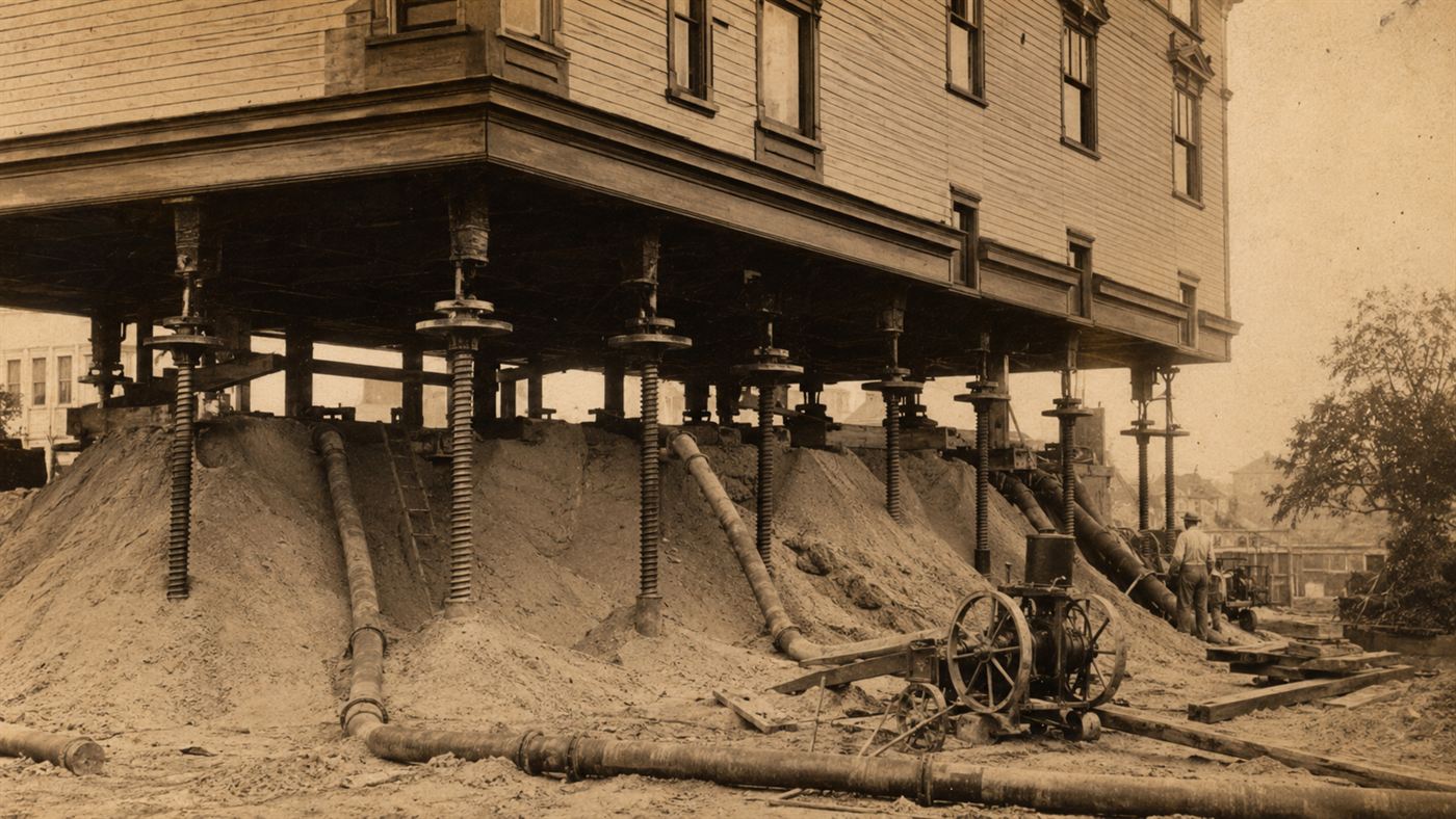 A large building raised on many iron screw jacks with sand fill being pumped underneath during the grade raising
