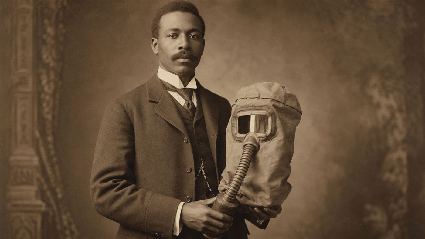 Garrett Morgan, an early 20th-century Black inventor, with his safety hood breathing device