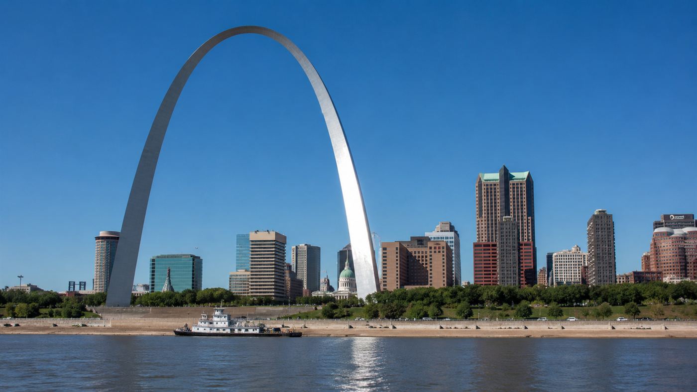 The stainless steel Gateway Arch in St. Louis rising 630 feet above the city against a blue sky