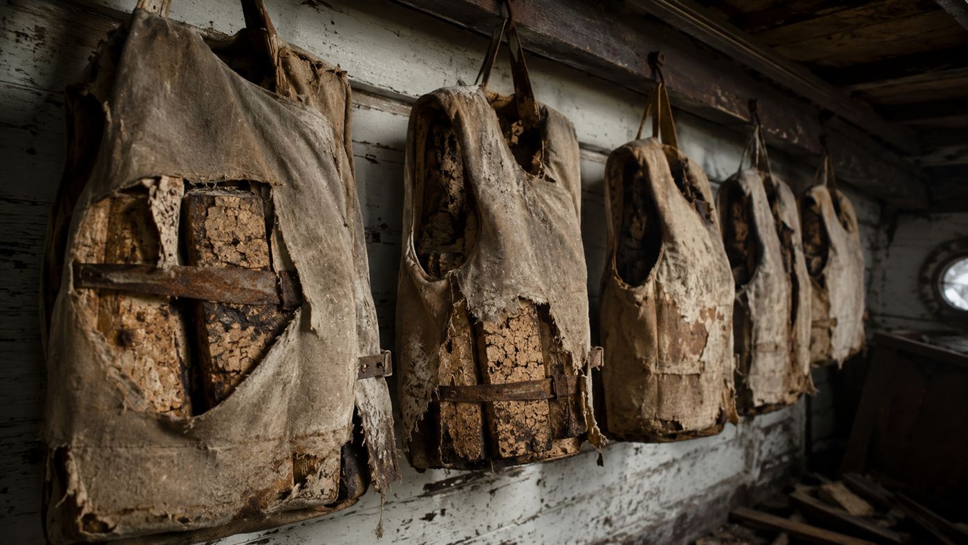 Old rotten cork life preservers hanging on a steamboat, useless in the General Slocum disaster