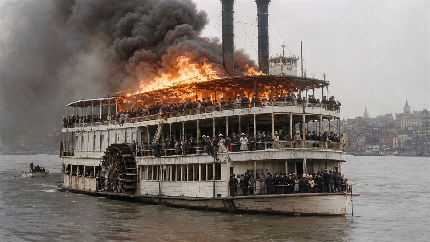 The paddle steamer General Slocum on fire on the East River in 1904 with people crowding the decks