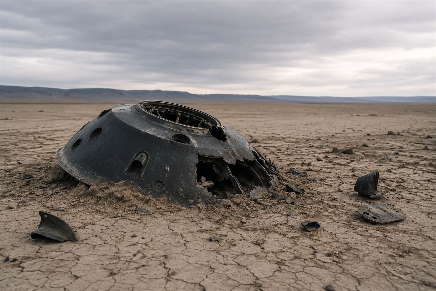 The Genesis probe return capsule cracked open and partly buried in the cracked mud of the Utah desert after crashing without a parachute