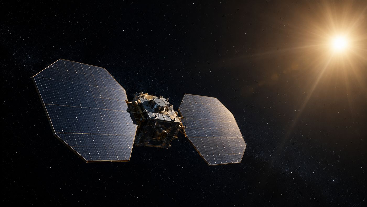 The Genesis spacecraft in deep space with open hexagonal collector panels facing the distant bright Sun to gather the solar wind