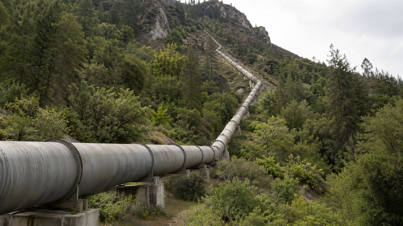 A large recycled water pipeline climbing through forested California hills toward The Geysers geothermal field