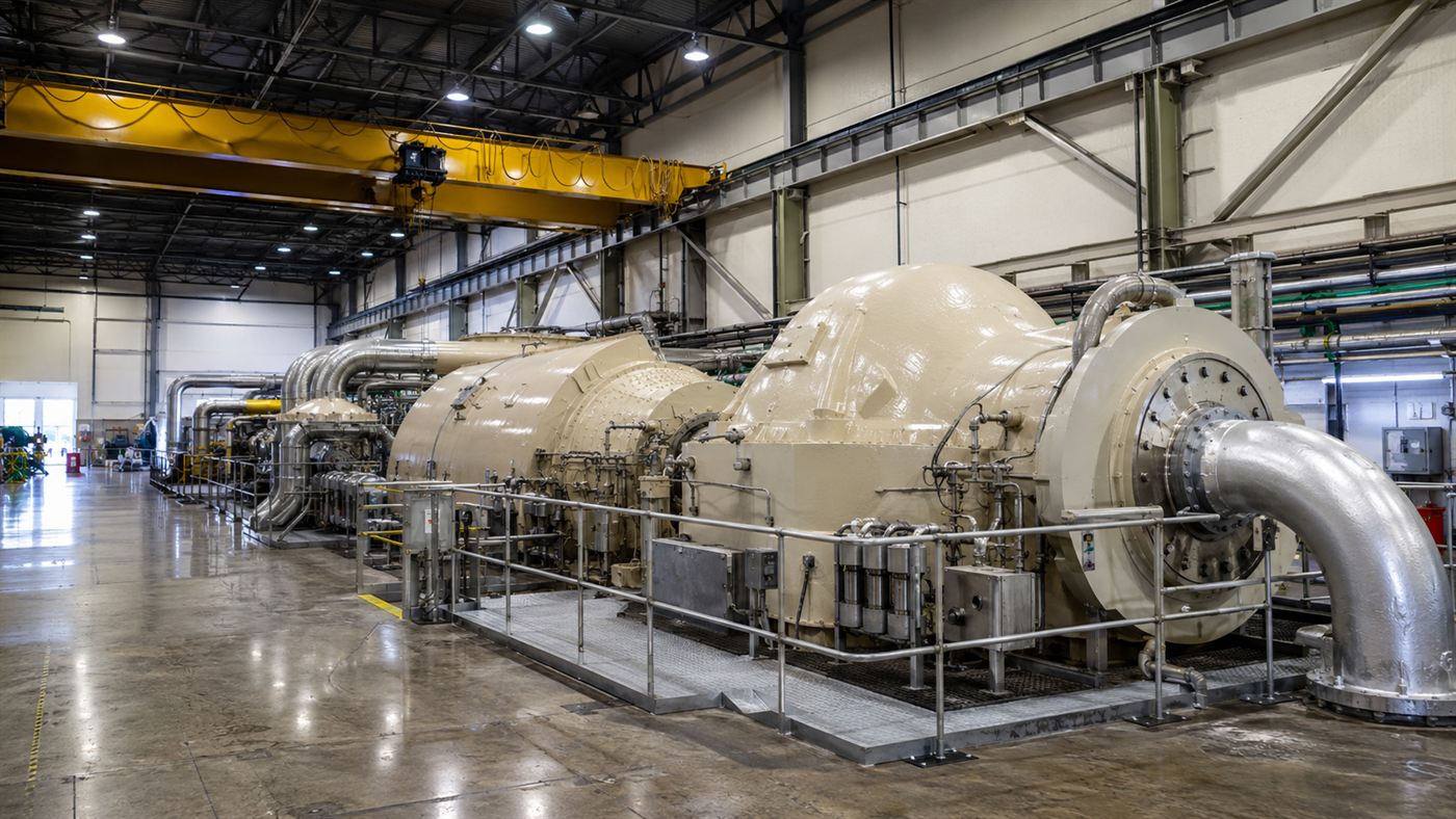 The turbine hall of a geothermal power plant at The Geysers, where steam turbines generate electricity