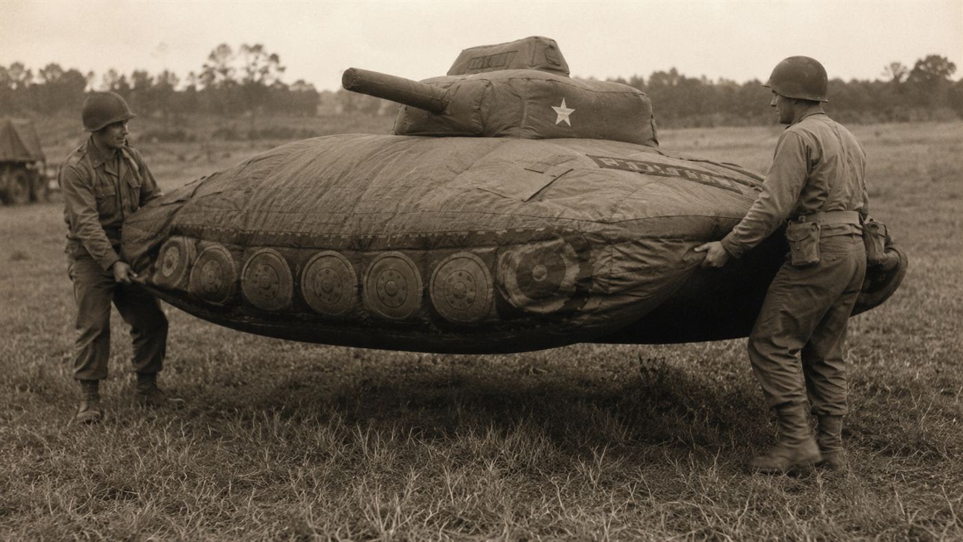 Ghost Army soldiers lifting a lightweight inflatable dummy tank in a field during World War II