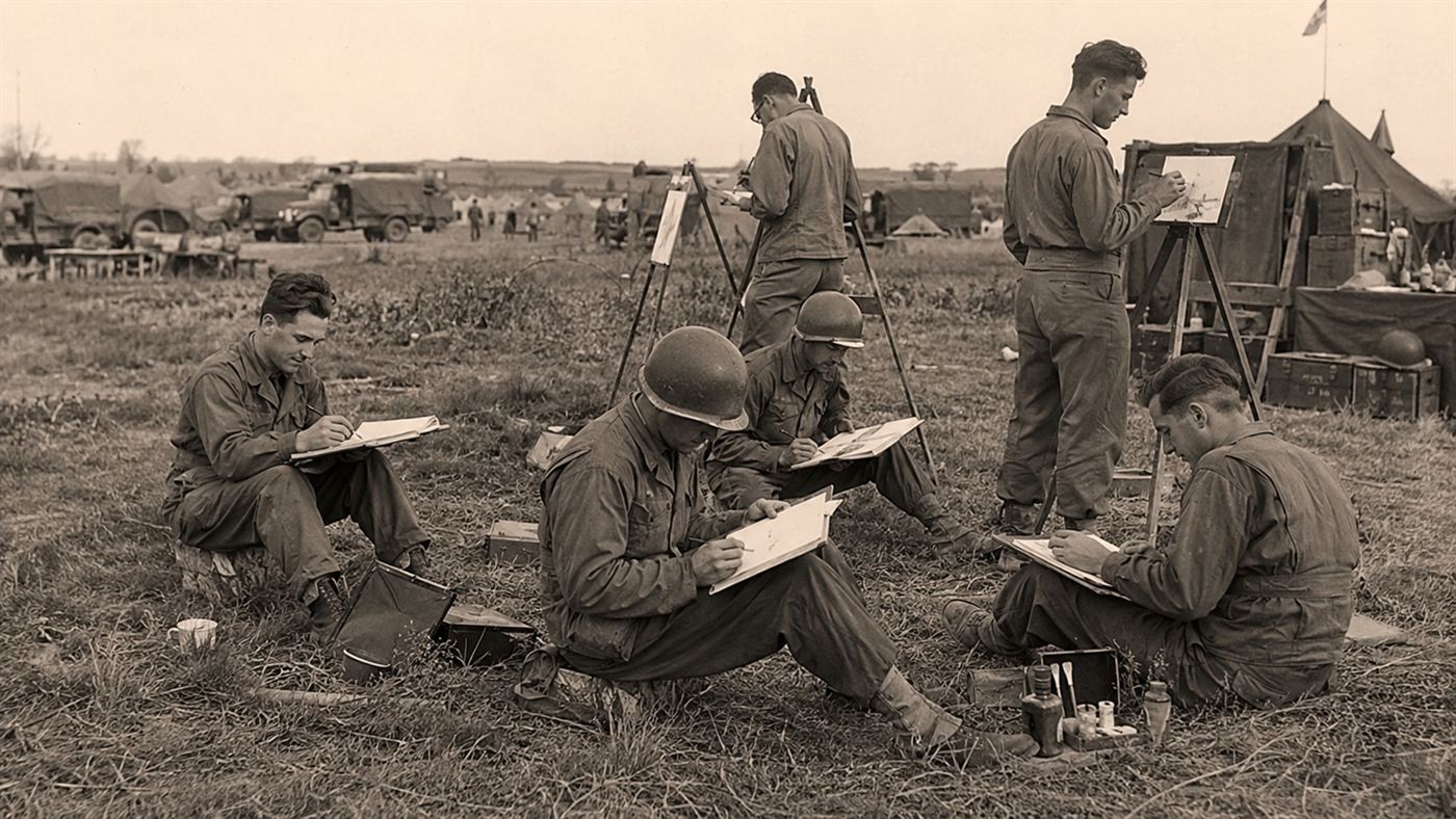 World War II soldier-artists of the Ghost Army sketching and painting camouflage and insignia