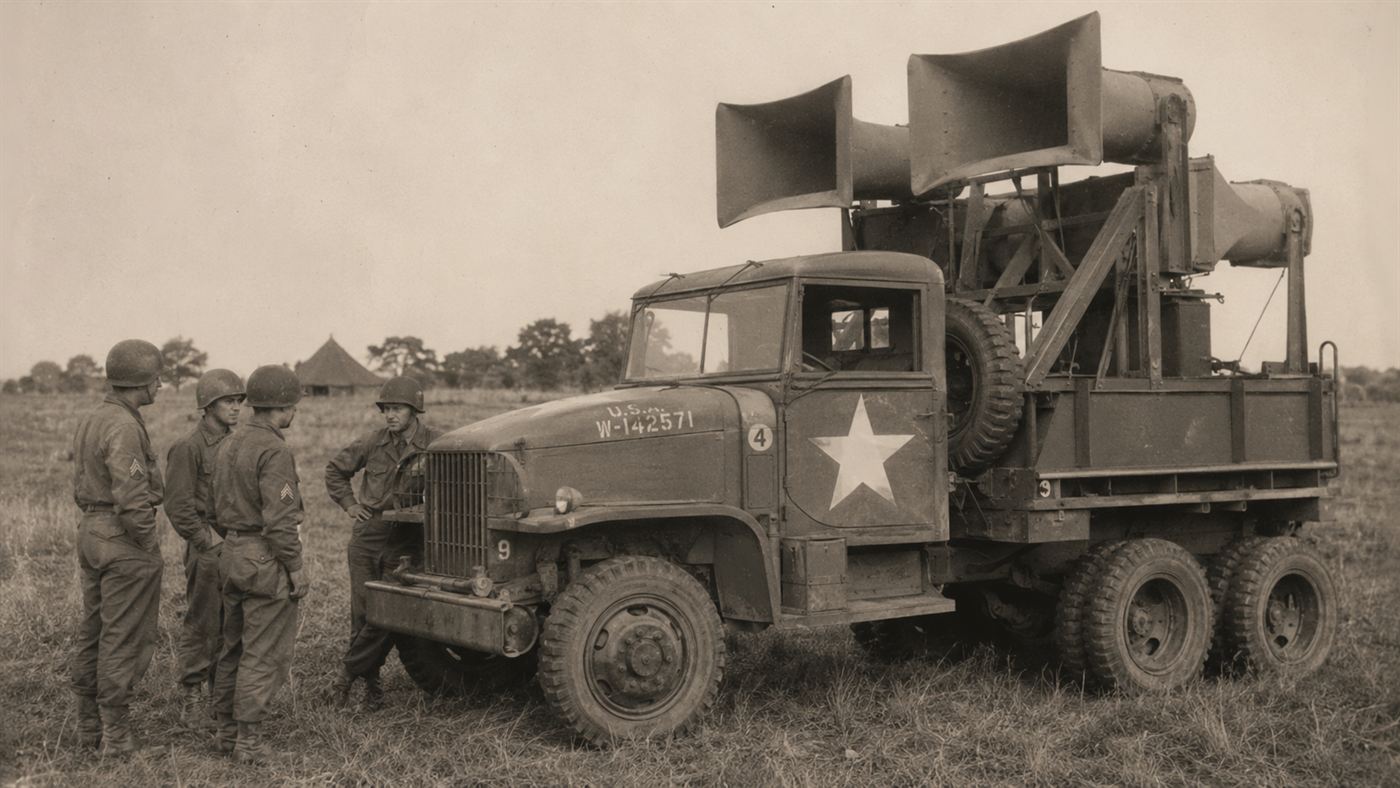 A World War II truck mounted with large loudspeakers used for sonic deception in a field