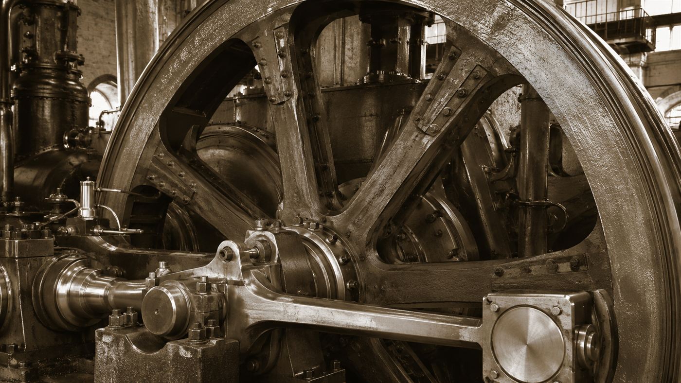 Close-up of the enormous iron flywheel and connecting rods of a giant 19th-century steam engine