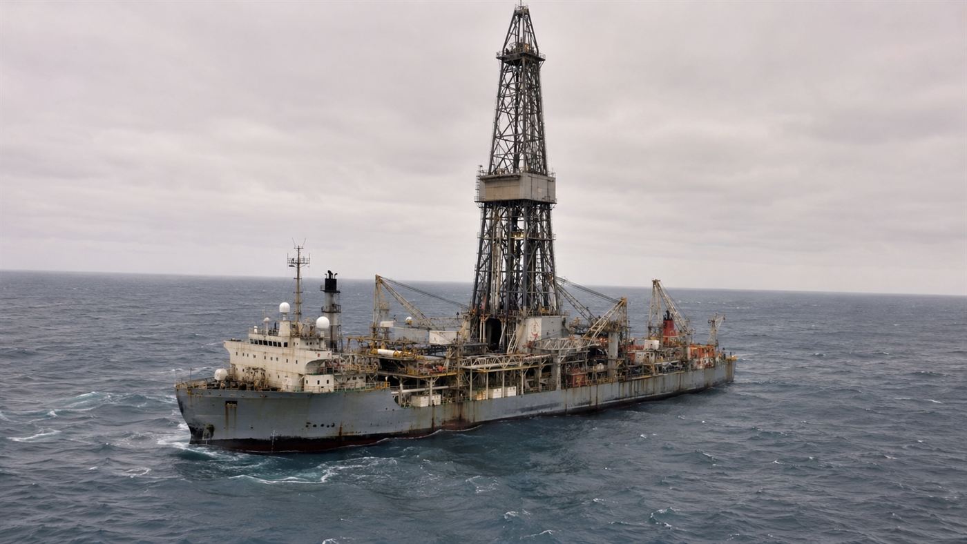 The large industrial deep-sea ship Hughes Glomar Explorer at sea, used in Project Azorian