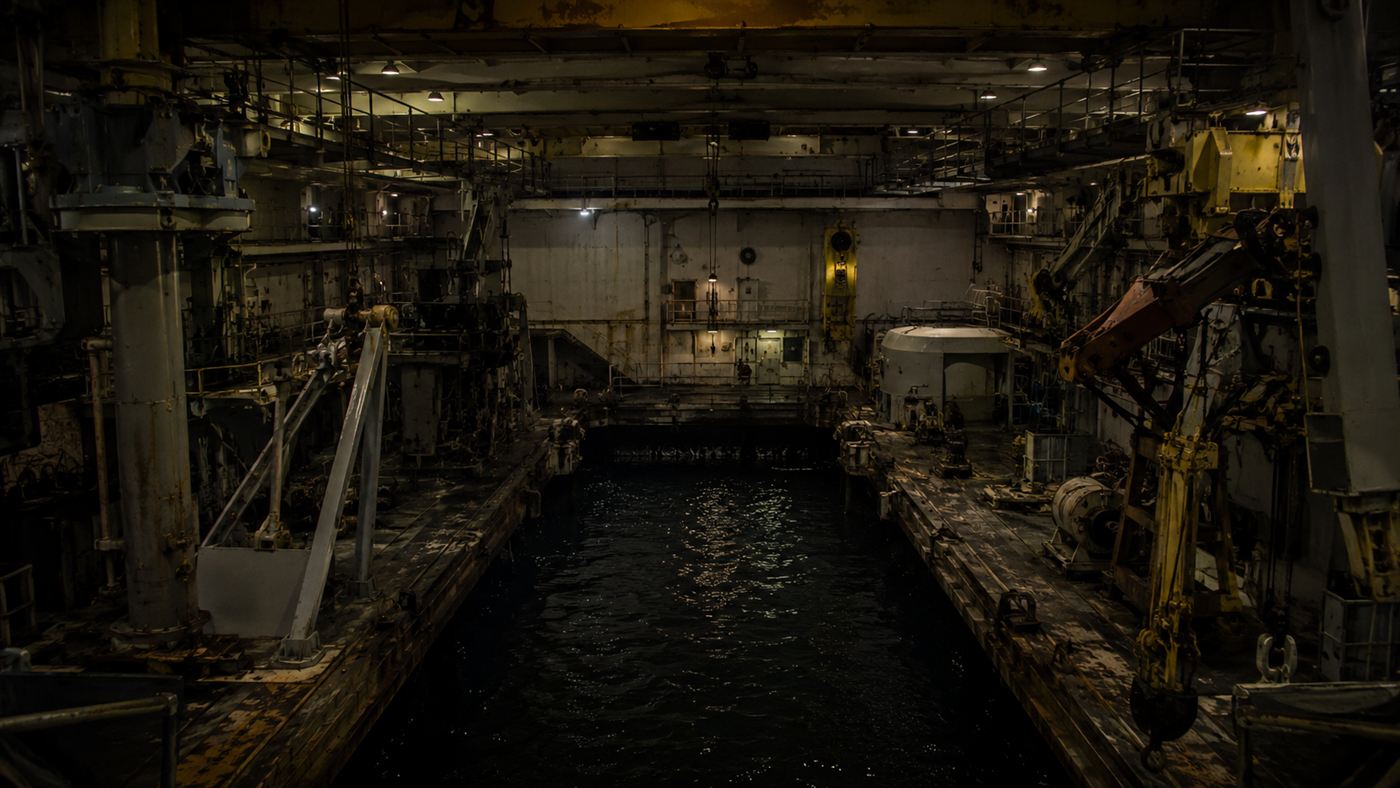 The cavernous interior recovery bay and moon pool inside the Glomar Explorer with heavy machinery
