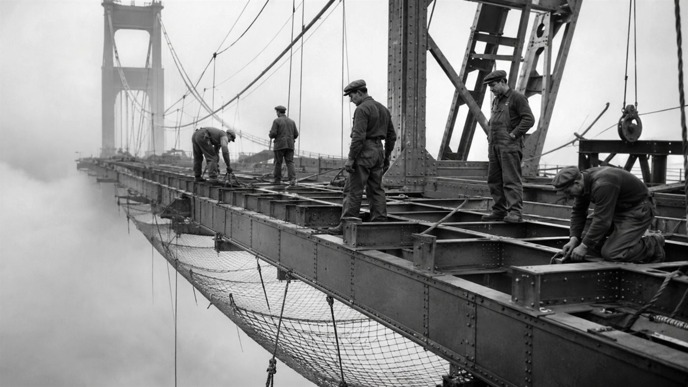 Workers on the deck of the Golden Gate Bridge under construction in 1936 with a safety net in the fog below