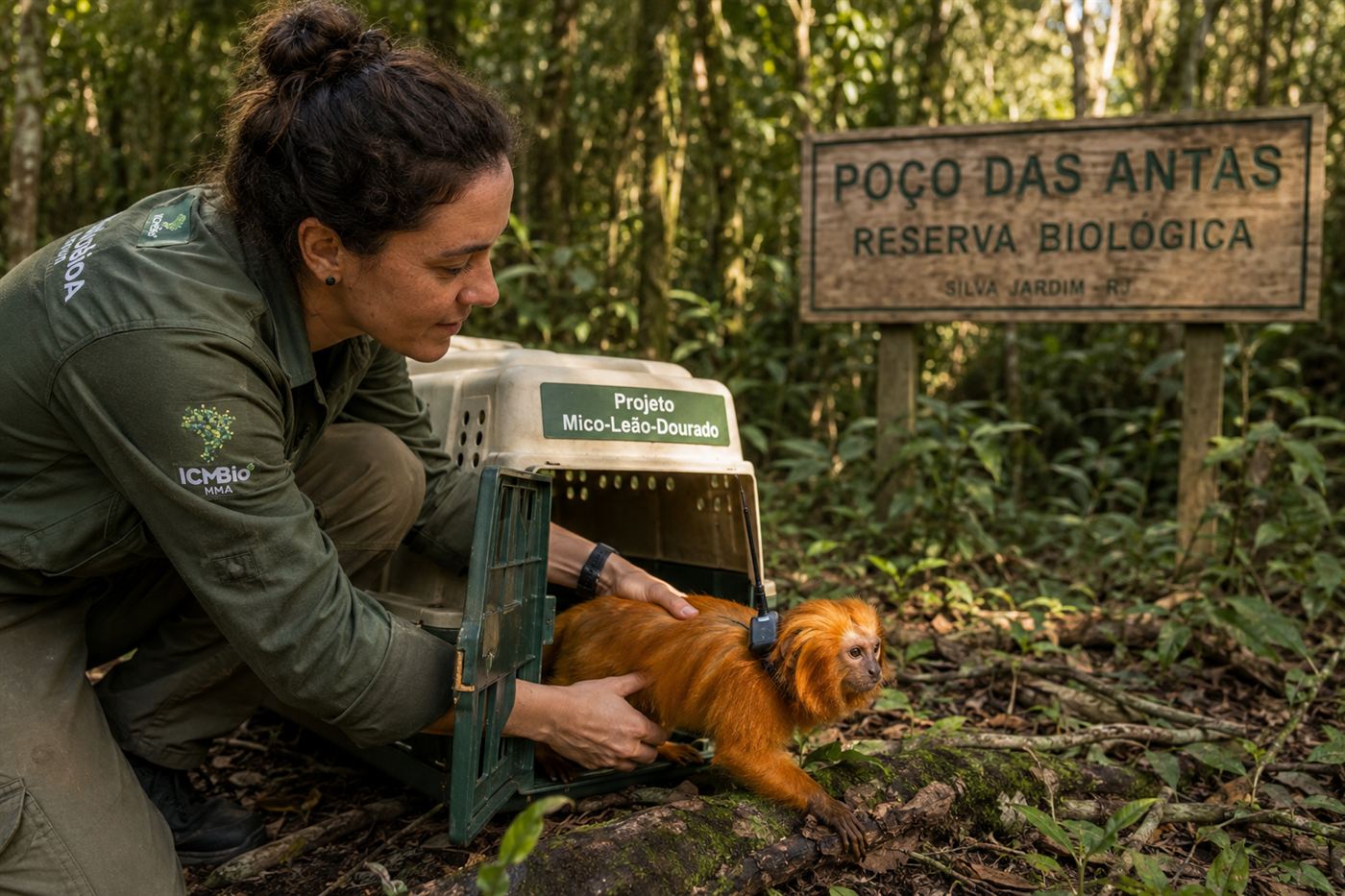 Wildlife biologist releasing a golden lion tamarin at the Poco das Antas reserve reintroduction site in Brazil, researcher in field gear in dense Atlantic Forest vegetation, warm morning light