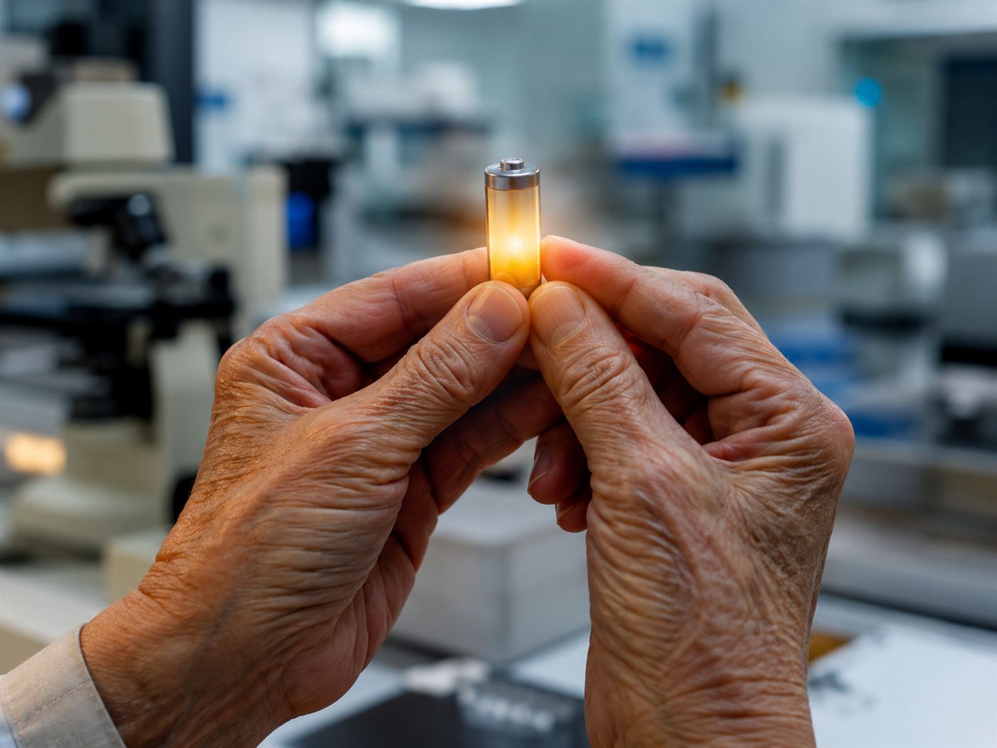 Elderly hands holding a lithium-ion battery cell in a research laboratory, evoking inventor John Goodenough