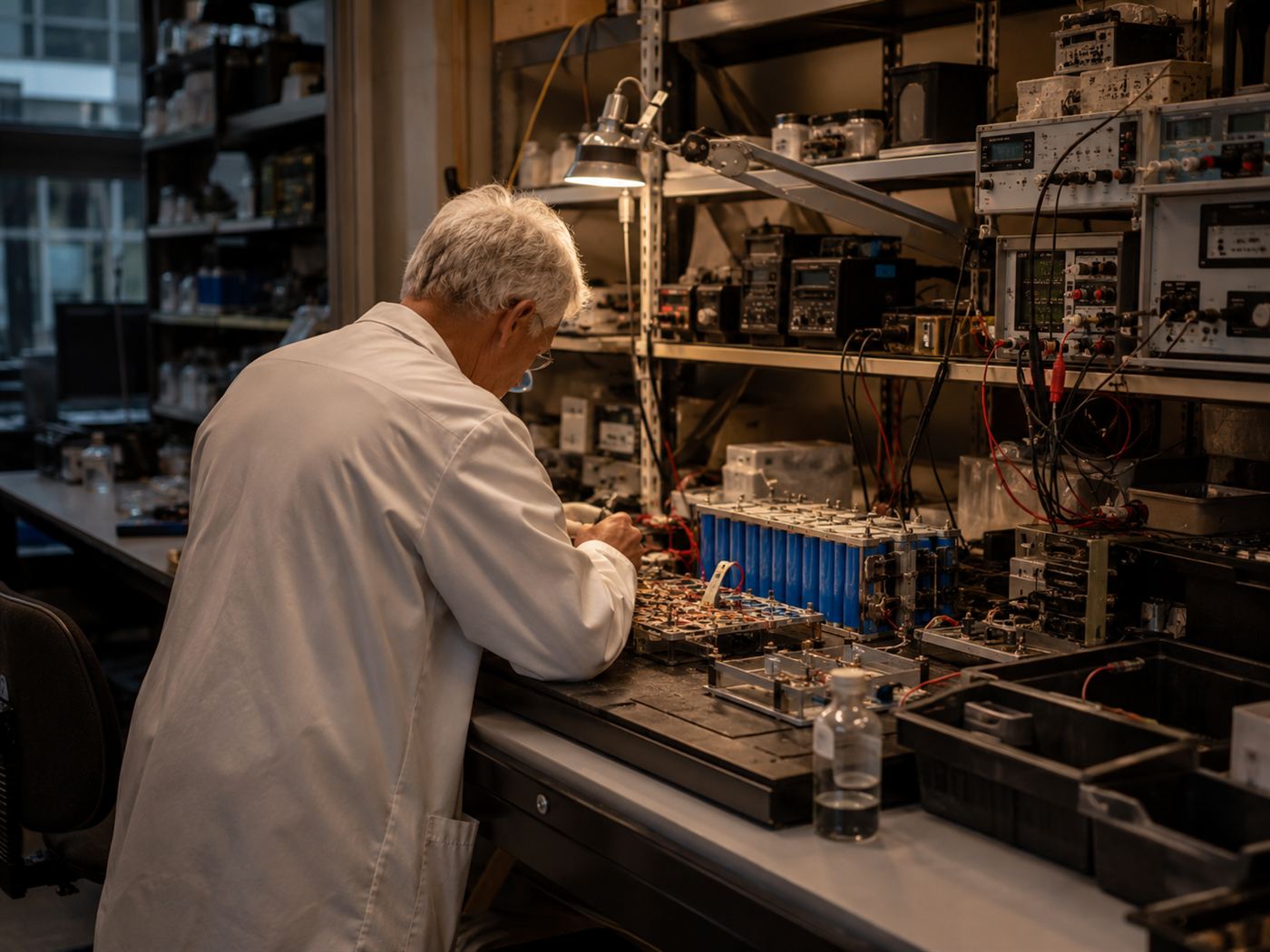 A battery research laboratory with an elderly scientist at a workbench, evoking Goodenough's century of work