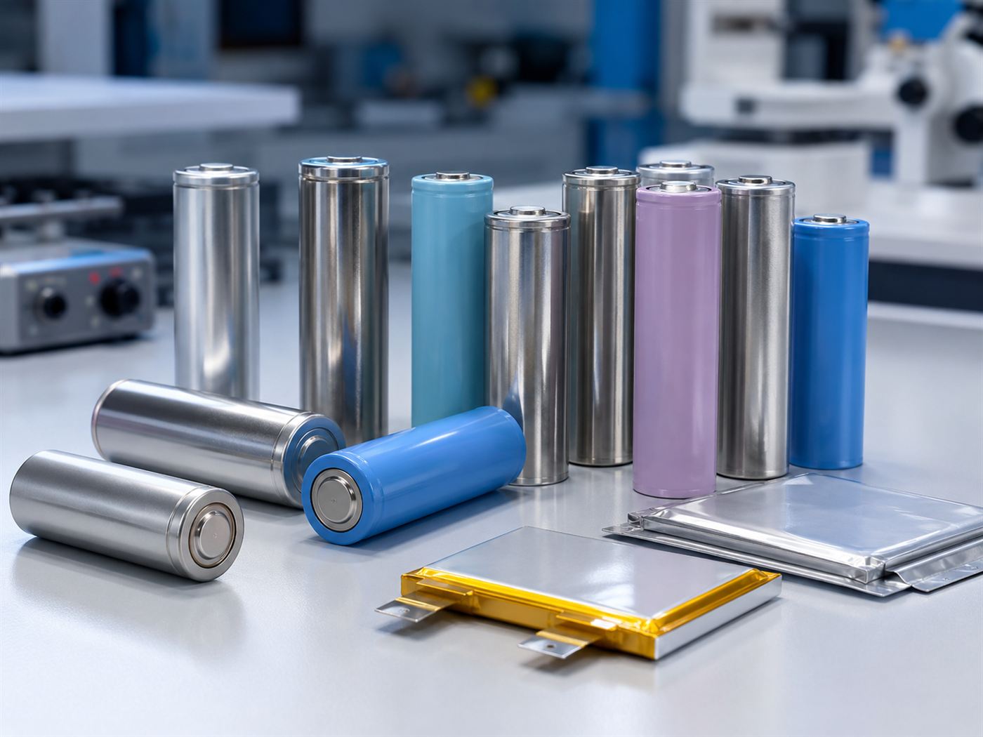 Close-up of cylindrical and pouch lithium-ion battery cells on a workbench