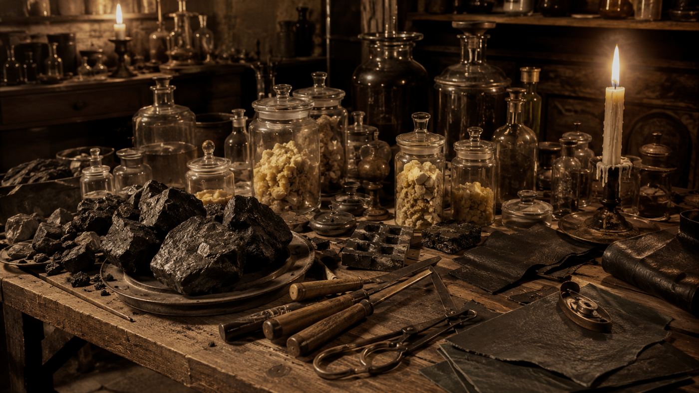 A 19th-century inventor's cluttered workbench covered with lumps of raw rubber, jars of sulfur and tools, evoking Charles Goodyear's experiments
