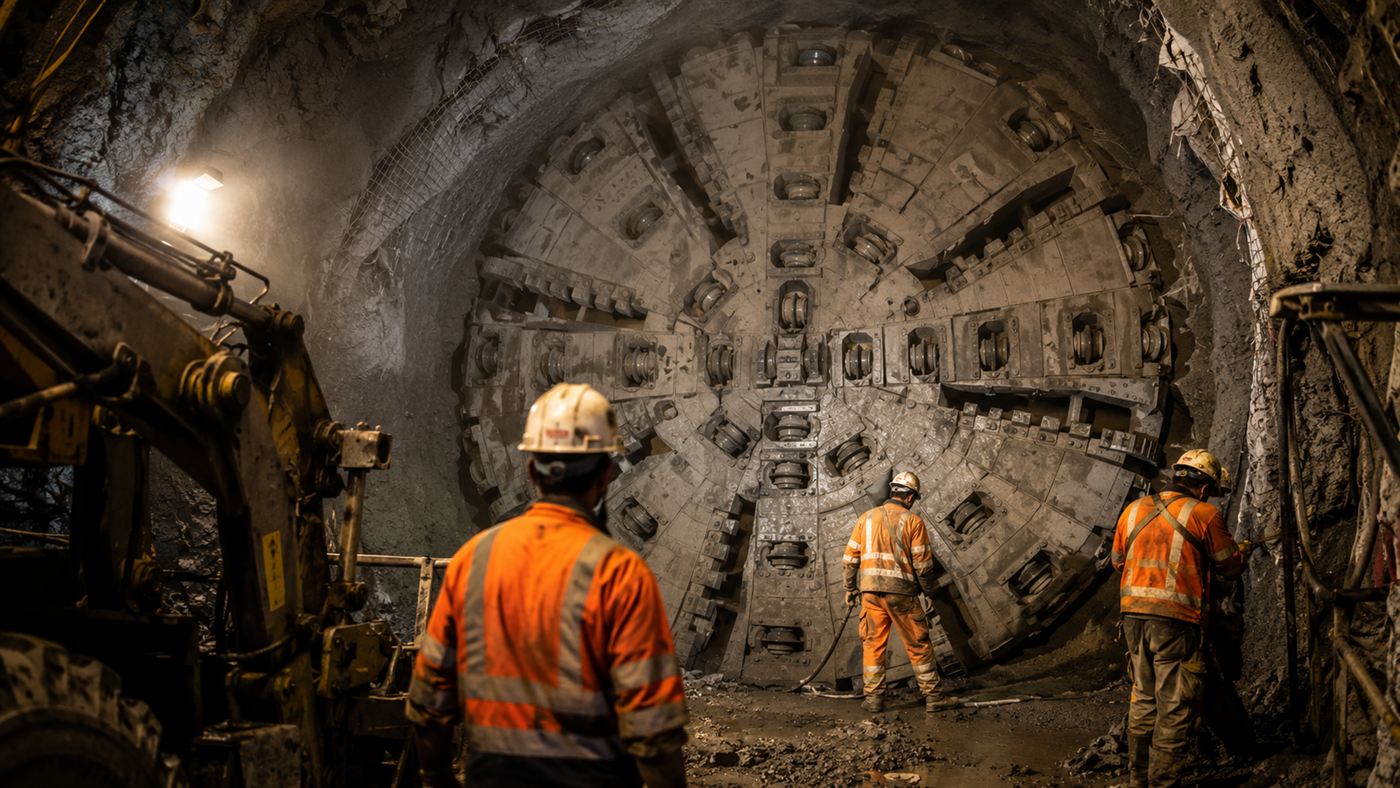Miners and a giant tunnel boring machine working in the hot rock deep inside the Gotthard tunnel