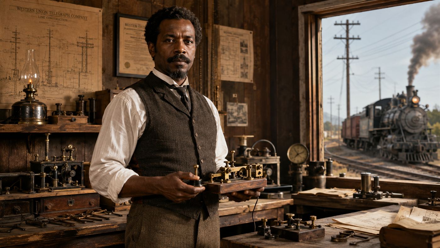 A 19th-century Black engineer in a workshop holding telegraph equipment with a steam train behind him, representing Granville Woods
