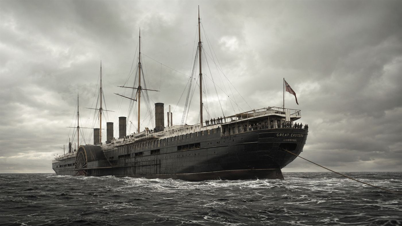 The giant Victorian steamship SS Great Eastern paying out a transatlantic cable on the open ocean