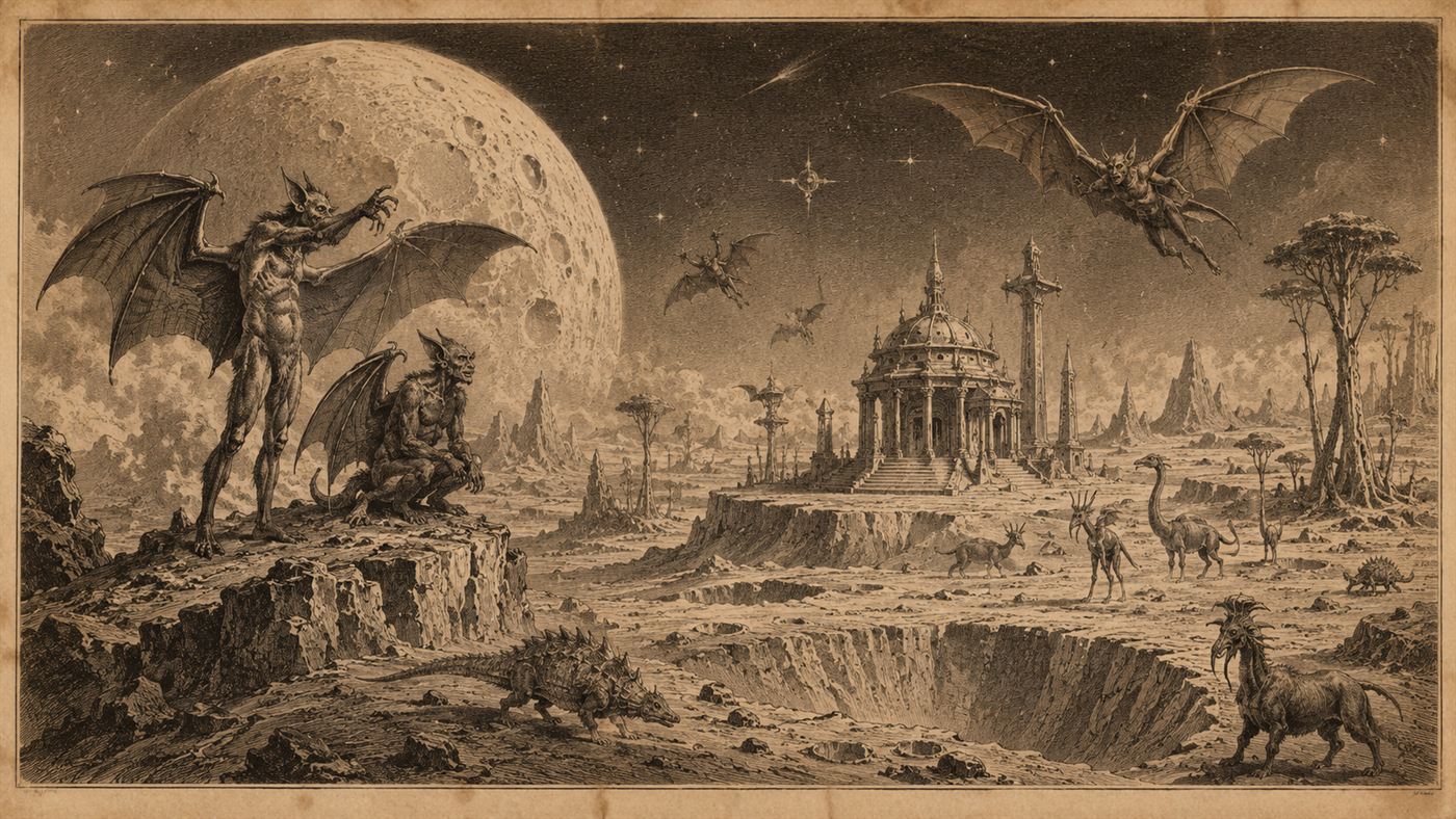 A vintage engraving of winged bat-men on the Moon, the imagery of the 1835 Great Moon Hoax